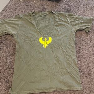 Olive V-Neck Short Sleeve Shirt with Yellow Graphic